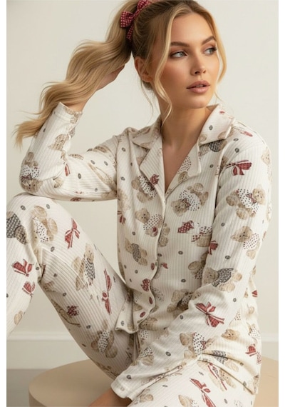 Siyah İnci Yumuşak Tuşe Kışlık Fitilli Düğmeli Pamuklu Örme Pijama Takım 7980 Ayıcık Desen Siyah İnci Yumuşak Tuşe Kışlık Fitilli Düğmeli Pamuklu Örme Pijama Takım 7980 Ayıcık Desen