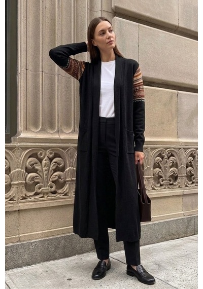 Onno Style Women Kilim Desen Uzun Triko Kadın Hırka Siyah
