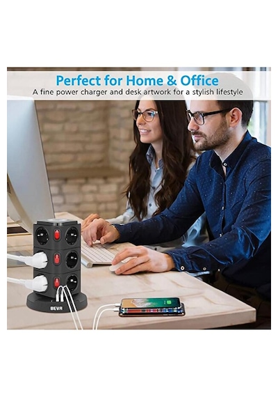Kule Tipi 12 Li Çoklu Priz 3 Usb Hızlı Şarj Anahtarlı Akım Korumalı Masa Üstü Tower Priz 2 m