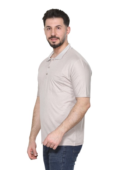 Kzctekstil Erkek Baba Ve Orta Yaş Penye Yakalı Cepli Oxfort Kumaş Pamuklu Tişört Klasik Kesim Bej