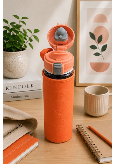 H2o Pastel Renk Kılıflı Kilit Kapaklı 500 Ml Cam Matara Sızdırmaz Ofis Ve Spor İçin Koruyucu Kılıflı Cam Suluk Turuncu