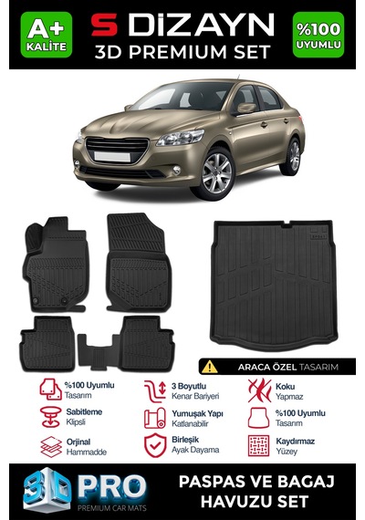 S-dizayn Peugeot 301 3d Pro Havuzlu Paspas Ve Bagaj Havuzu Seti 2'li Set 2013 Üzeri A+ Kalite