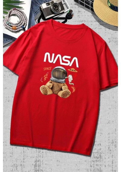 Flood Of Style Unisex Nasabear Baskılı T-shirt Kırmızı
