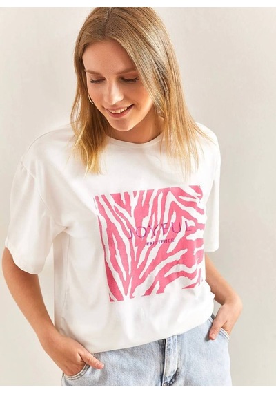 Baskılı Basic Bisiklet Yaka Örme T-shirt Önü Pembe