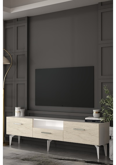180dhdtsç2btg Eros Tv Sehpası,ünitesi Beyaz-traverten-gümüş