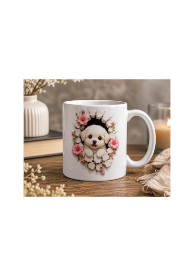 Duvarlarını Yık Serisi 3d Efektli Sevimli Köpek Yavrusu Çift Taraflı Baskılı Seramik Kupa 300 Ml Premium Kahve Kupası Beyaz