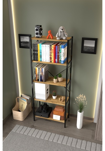 Metal Kitaplık 5 Raflı Ofis Kitaplığı Kitap Dosya Rafı Ceviz Ceviz
