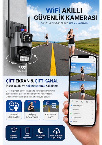 ARM-318 Dual Lens 6MP Çift Kameralı Akıllı WiFi Güvenlik Kamerası 360° Dönebilen Gece Görüşlü Dış Mekan IP Kamera