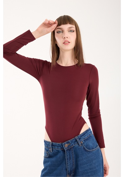 Gugus Kadın Bisiklet Yaka Uzun Kollu Çıtçıtlı/zıbın Body Bordo1