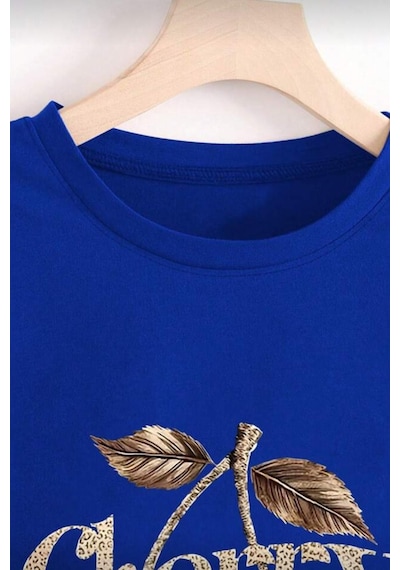 Gold Cherry Kadın Oversize Ön Baskılı Bisiklet Yaka Pamuklu T-shirt Rahat Kesim Sax Mavısı