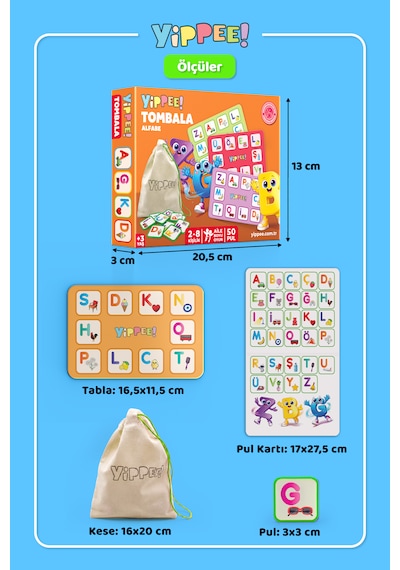Çocuk Tombala Alfabe Temalı Ham Bez Kese 8 Tabla 50 Pul 60 Parça