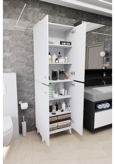 Furex 6 Raflı 2 Kapaklı Çok Amaçlı Banyo Dolabı Beyaz Beyaz