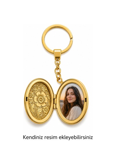 Fotoğraf Eklenebilir Açılır Anı Anahtarlığı Gold Renk Özel Hediye