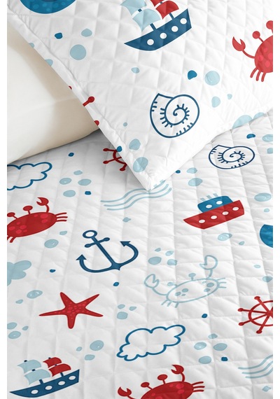 Mavi Marine Genç Odası Tek Kişilik Pike Takımı - Kırmızı Nautical 160x220 Cm Kapitone Yatak Örtüsü Dingin Dal Çizgisi