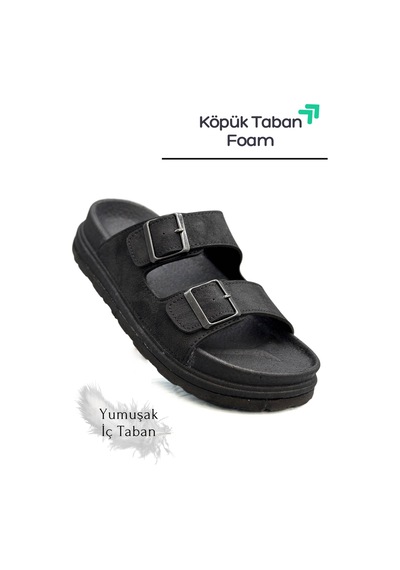 Sermoda Çift Toka Ayarlanabilir Genişlik Köpük Taban Rahat Deri Erkek Terlik Siyah