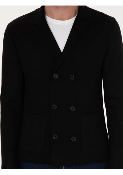 Cacharel Siyah Slim Fit Yün Karışımlı Kruvaze Triko Hırka