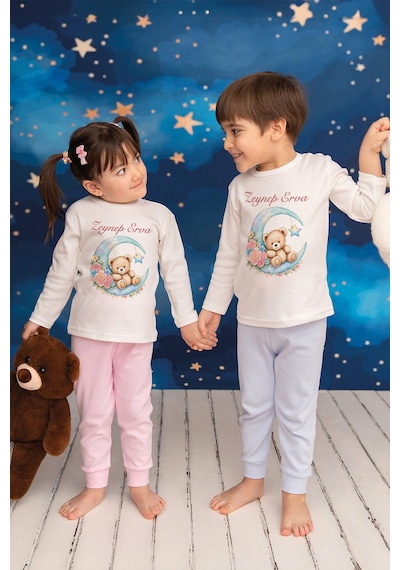 Pia Baby İsme Özel Kız Çocuk 2 Adet Pijama Takımı %100 Pamuk Penye İsim Baskılı Kişiye Özel Kreş Pijaması Hediye Seti 11178p15pi Krem
