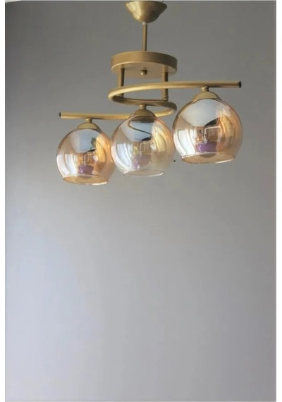 Fuji Modern Dekoratif Salon - Mutfak - Yatak Odası Eskitme Renk Bal Camlı 3 Lü Avize Eskitme Bal Eskitme Bal
