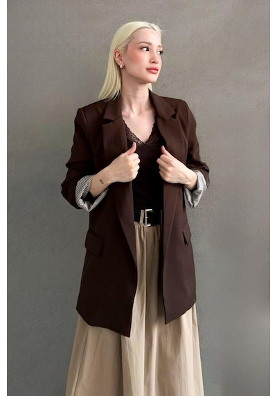 Seeh Kahverengi Kol Desenli Blazer Kadın Ceket Sh339