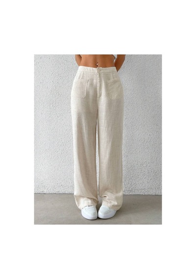 Tarz Cool Kadın Wide Leg Pantolon Ön Cep Detaylı Rahat Kalıp Günlük Pantolon Bej