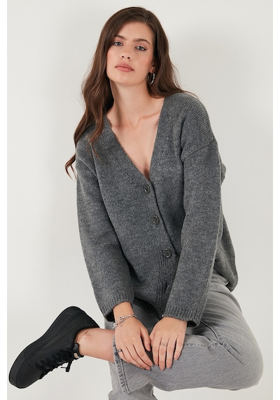 Lela Regular Fit V Yaka Düğmeli Triko Bayan Hırka 4616229 Antrasit
