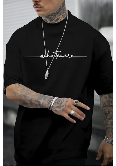 Uyguntarz Erkek Whatever Baskılı Oversize Tshirt Siyah