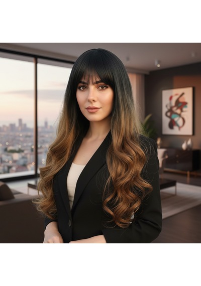 Kahküllü Uzun Dalgalı Fiber Sentetik Peruk - Siyah / Karamel Ombreli