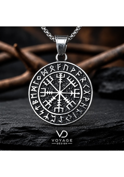 Paslanmaz Çelik Rün Harf Detaylı Kolye Çift Taraflı Vegvisir Viking Pusula Kolye Antik Gümüş
