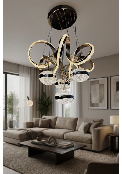 Kıvrım 4 Top Simli Modern Sarkıt Salon - Oturma Odası Led Avize Çok Renkli