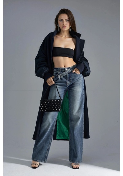 Hiccup Squalo Yüksek Bel Geniş Paçalı Kot Pantolon Orta Mavi Denim