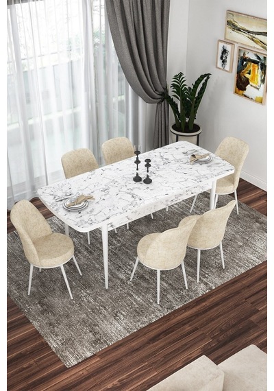 Canisa Kor Serisi 70x114 Açılabilir Mutfak Masası Takımı Beyaz Mermer Desen Masa 6 Krem Sandalye Masa Beyaz Mermer Desenli Sandalyeler Krem
