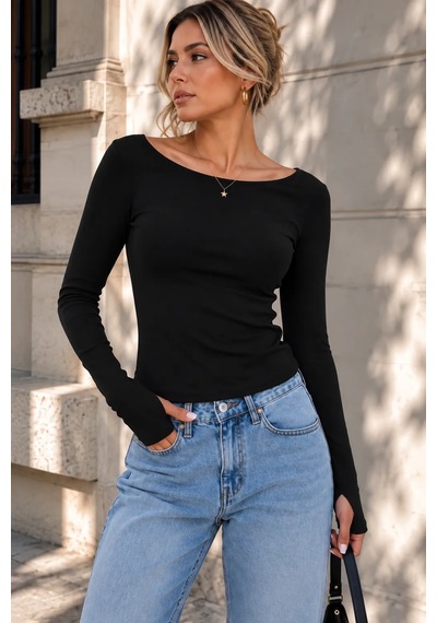 Bb Butik Basic Soft Touch Parmak Geçmeli Kayık Yaka Bluz Mdk35 siyah