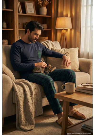 Buratti Ekoseli Cepli Beli Lastikli % 100 Pamuk Regular Fit Erkek Pijama Takımı 6572001 Lacivert