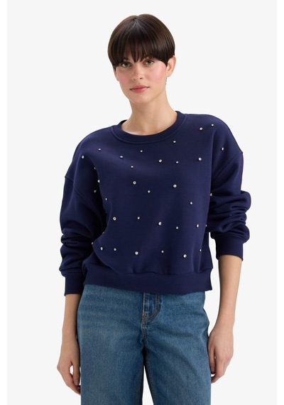 Defacto Boxy Fit Bisiklet Yaka İşlemeli Kalın Sweatshirt G2153ax25wnnv28 Lacivert
