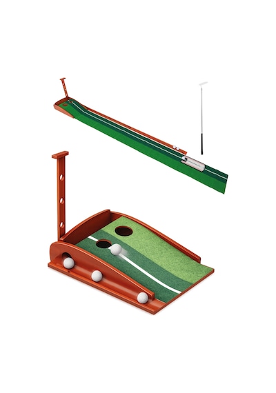 Walke Golf Putt Matı Ahşap Otomatik Top Dönüşlü Golf Antrenman Seti 3 Toplu 2 Delikli Yeşil