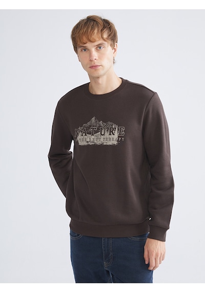LC Waikiki Lc Waıkıkı Kahverengi Bisiklet Yaka Baskılı Erkek Sweatshirt