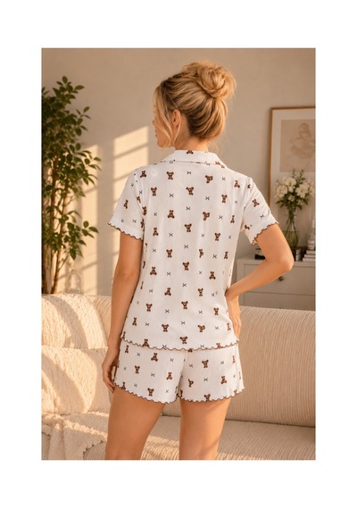Rindahomewear Ayıcık Desenli Pamuklu Örme Kumaş Düğmeli Şortlu Takım Çok Renkli