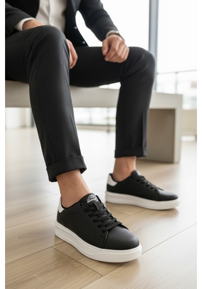 Enoch Topuk Detaylı Beyaz Tabanlı Bağcıklı Erkek Sneaker Siyah Beyaz