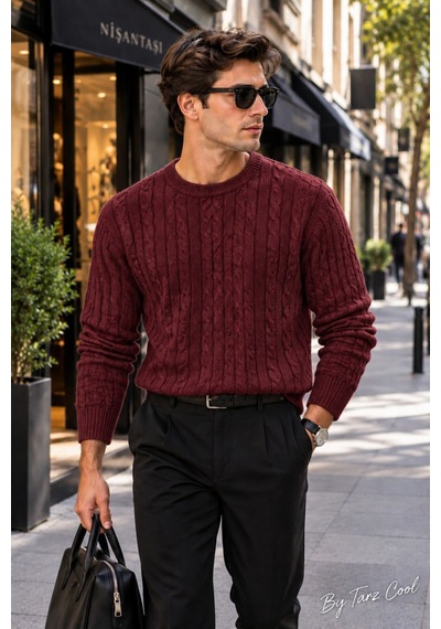 Cool Tarz Erkek Saç Örgü Desenli Bisiklet Yaka Triko Kazak Regular Fit Akrilik Pamuk Karışımlı Bordo Bordo