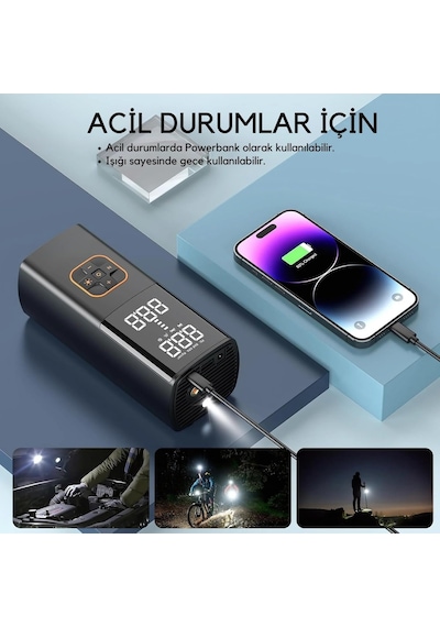 Şarjlı Hava Kompresörü 150 Psı - 4500 Mah Taşınabilir Araba Lastik Şişirme Kompresörü Flaş Işıklı - Ayarla Diğer