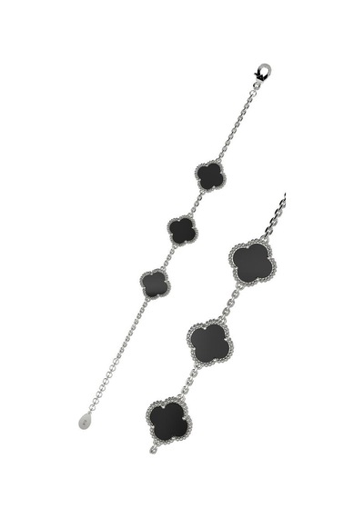 Roza Silver 925 Ayar Oniks Taşlı Rodyum Üçlü Yonca Gümüş Bileklik Rb10044