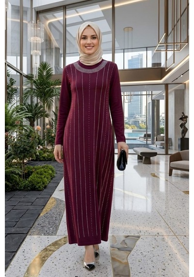 Hb Harma Time Butik Kadın Taş İşlemeli Kristal Kumaş Uzun Tesettür Bordo Elbise Bordo Bordo