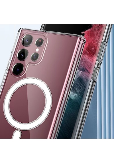 Galaxy S22 Ultra Uyumlu Zore Magsafe Şarj Özellikli Şeffaf Sert Pc Zore Embos Kılıf- Renksiz