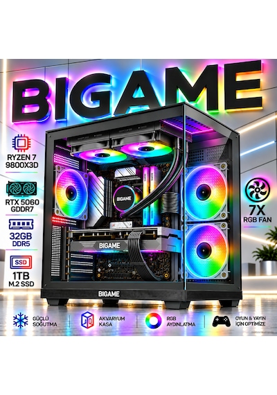 Bigame XYRON V8 R7-9800X3D 32 GB 1 TB M2 SSD RTX5060 Free Dos Masaüstü Oyuncu Bilgisayarı