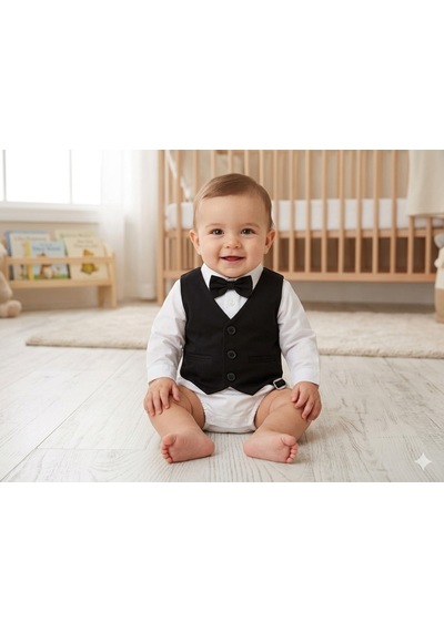 Baby Kids Colors Erkek Çocuk Smokin Takım Elbise Düğmeli Yelekli Papyonlu Zincirli Siyah