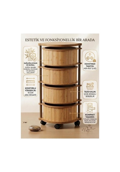 Bambu Ahşap 4 Katlı Sebzelik Doğal Mutfak Düzenleyici Patates Soğanlık Organizer Meşe Renk Bambu Çok renkli