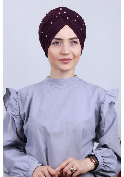 Melodi Scarf Kadın Tesettür İncili Taşlı Vera Dış Bone Mor Mor