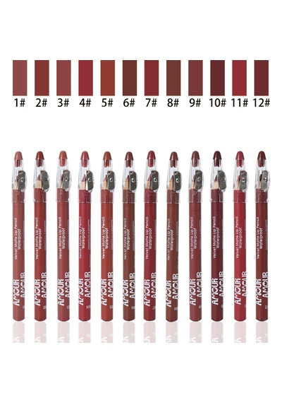 Velvet Matte Suya Dayanıklı Dudak Kalemi Dahili Kalemtıraşlı, Kremsi Kadife Mat Dudak Kalemi 12 Renk Seçeneği Çok Renkli