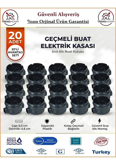 Trendhomm Geçmeli Anahtar Priz Kasası - Sıva Altı - Siyah - 20 Adet