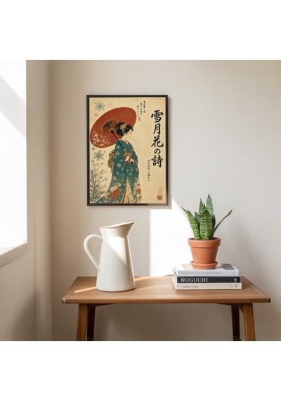 Japon Geyşa Posteri, Turkuaz Kimono, Kırmızı Şemsiye Sahnesi, Geleneksel Ahşap Baskı Tarzı Sanat Eseri